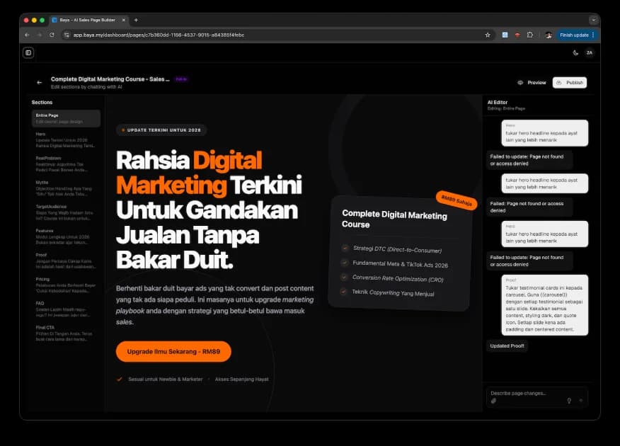 Baya: Platform Yang Buat Sales Page, Lead Gen & Portfolio — Dalam Hitungan Minit